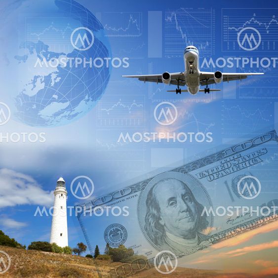 Financial charts with lighthouse on the background