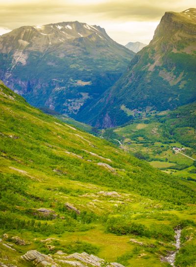 Norway landscape, mountains and green valley