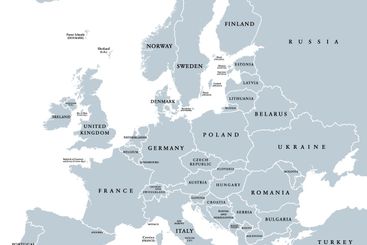 Europe, gray political map, a continent and part of Eurasia
