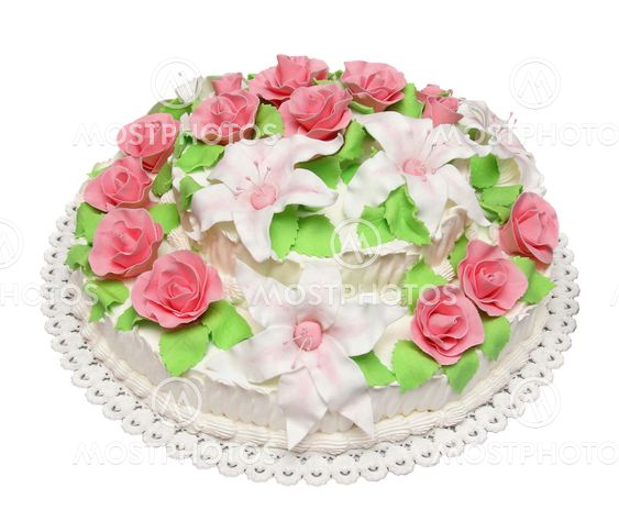 Birthdey cake decorated with flowers isolated on white background