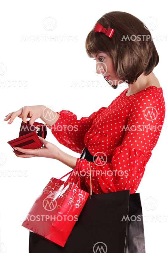 Woman with shopping bags and no money in purse