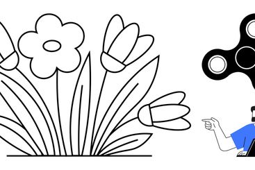 Man on laptop pointing while discussing, flower bouquet,...