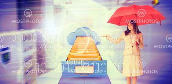 Composite image of attractive businesswoman holding red umbrella