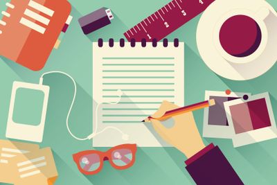 Writing into notebook background with coffee, photos,...