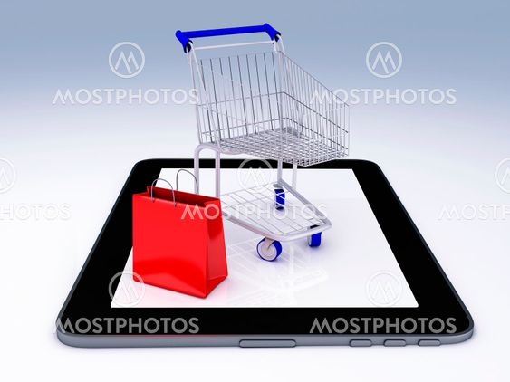 Shopping Cart over Tablet PC. E-commerce Concept.