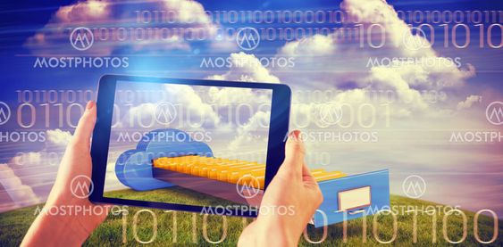 Composite image of finger pointing to tablet