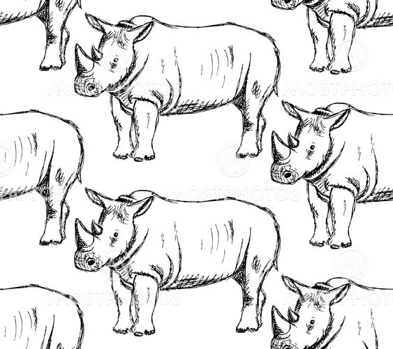 Sketch wild rhino, vector seamless pattern