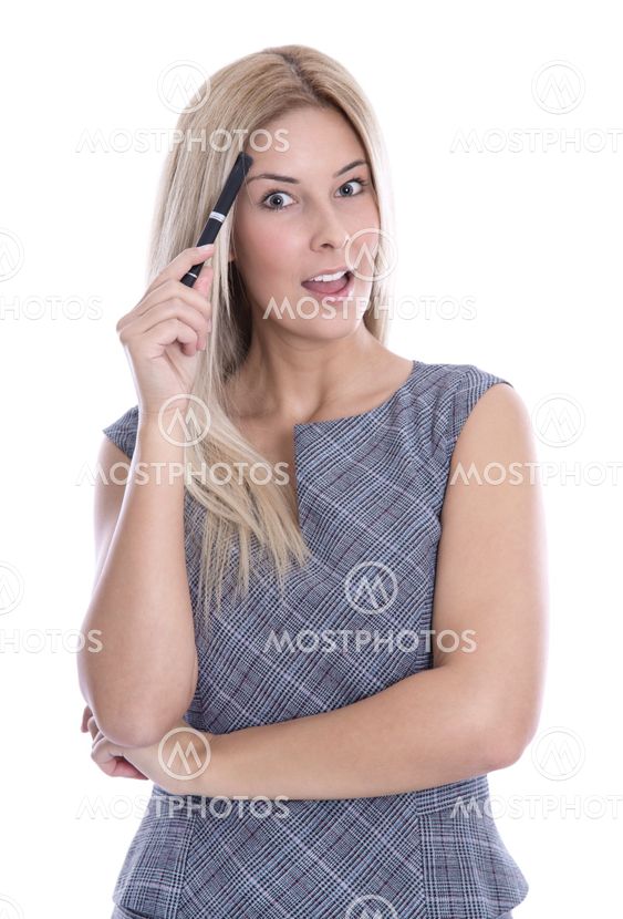 Idea: blond woman thinking with pen in hand isolated on...