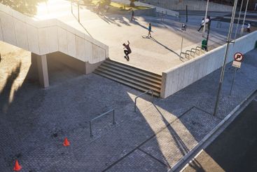 Man, skateboard and city stairs for fitness, street...