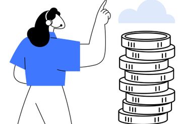Woman pointing at cloud above tall stack of coins...