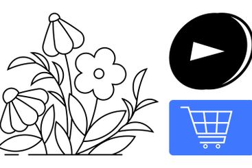 Blooming Flowers, Play Button, and Shopping Cart Icon in...