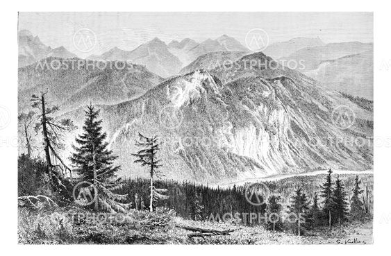 Bialki Valley in Tatra, Poland, vintage engraving