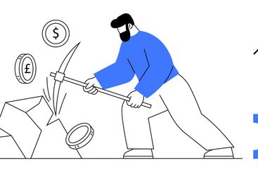 Man Breaking Rocks with Pickaxe, Mining Coins, and Home...