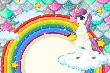 Rainbow banner with cute unicorn on colourful fish...