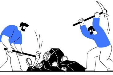 Two People Breaking Rocks with Hammers to Extract Coins...