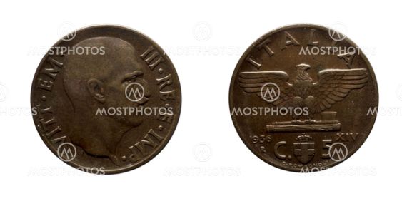 Five 5 cents Lire Copper Coin 1936 Empire Vittorio...