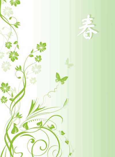 Spring green background with floral and chinese text 