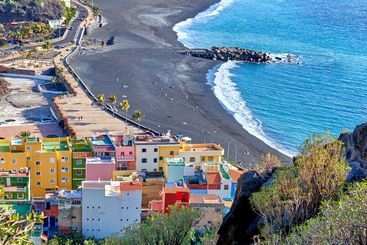 Banner, mountain or city with beach coast, colorful...