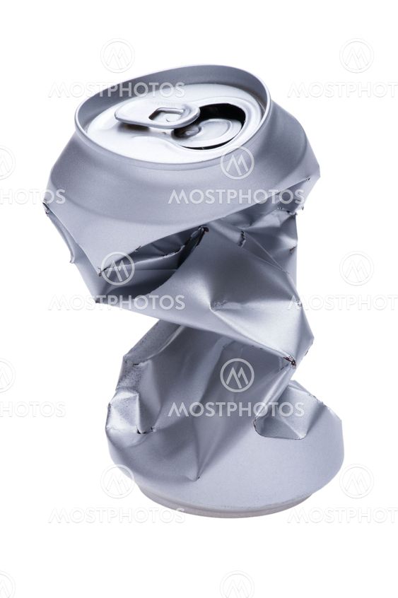 Crumpled beverage can on white