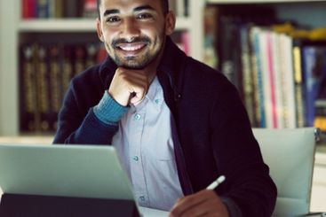 Laptop, portrait and writing with business man in home...