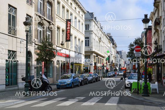 Brussels, Belgium - April 2015: Preserved old European-style residential and commercial buildings on streets of Brussels City, Belgium