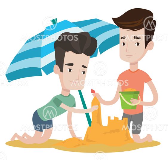 Male friends building sandcastle.