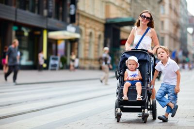 Family walking in city center