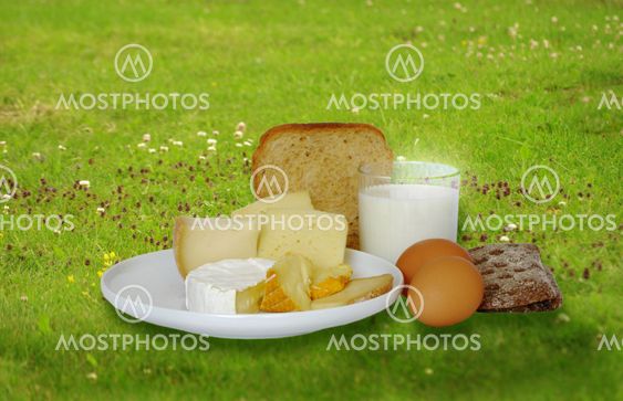 Breakfast foods on the grass
