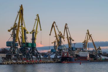 The city's cargo port on a November evening. Vyborg