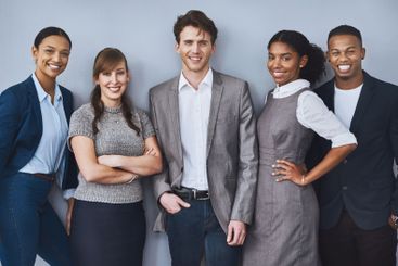Business people, waiting room and smile for interview,...