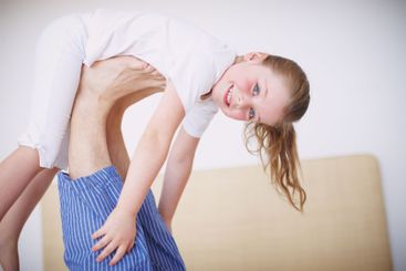 Parent, girl and airplane games in portrait, morning fun...
