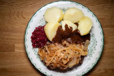 Top view of traditional Swedish minced beef patties with...