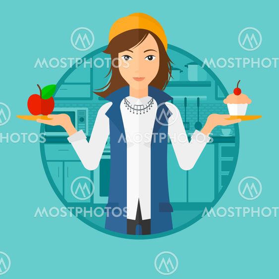 Woman choosing between apple and cupcake.