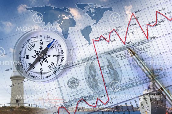 Financial charts with lighthouse on the background