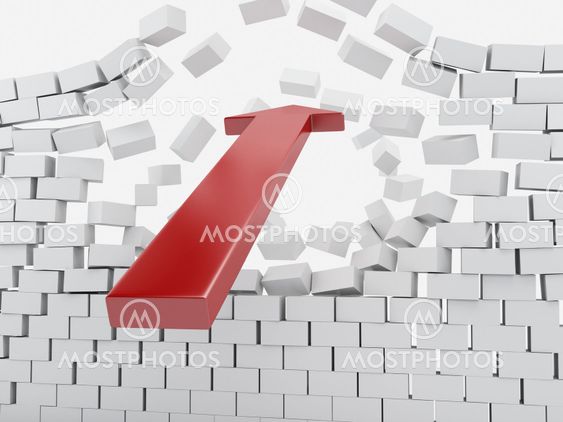 3d Red arrow breaking brick wall.
