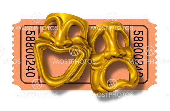 Movie ticket stub with gold comedy and tragedy masks