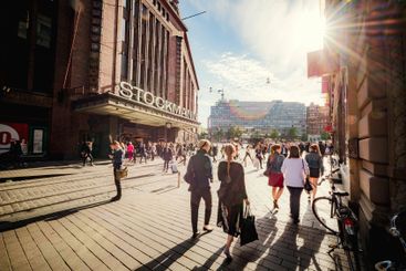 Pedestrians on street in Helsinki, Finland