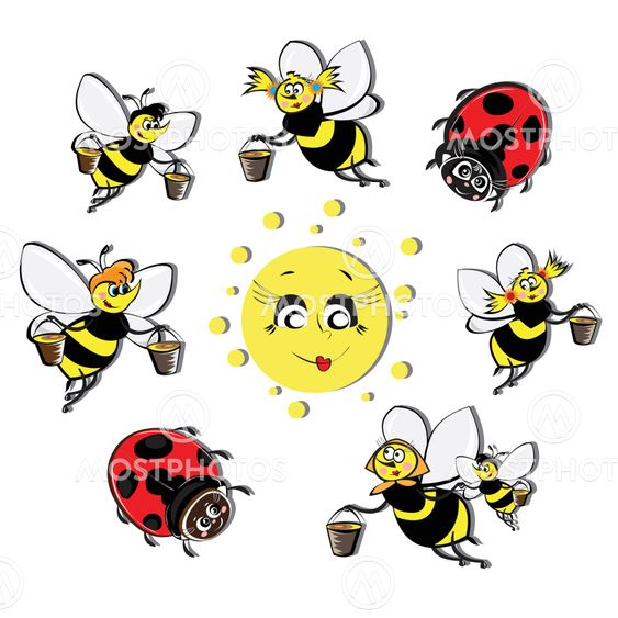 Bees, ladybirds around the sun.