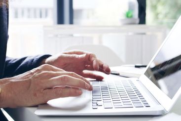 Office, hands and business woman on laptop for online...