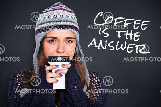 Composite image of beautiful woman in warm clothing drinking coffee