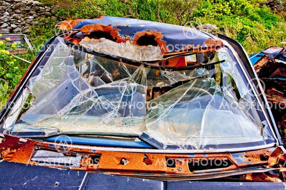 greece,cyclades, amorgos : wrecked car