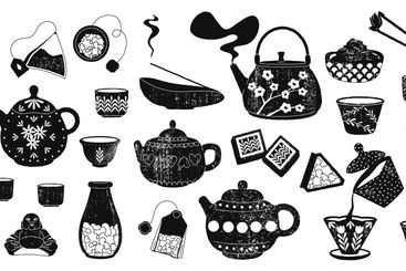 Black ink tea sketch. Hand drawn traditional tea...