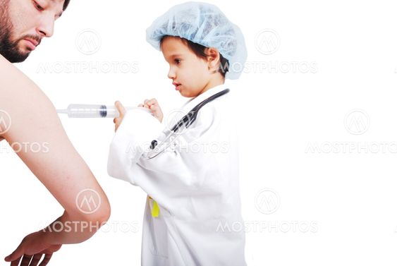 Doctor kid giving injection to adult