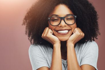 Happy, black woman and portrait with glasses in joy for...