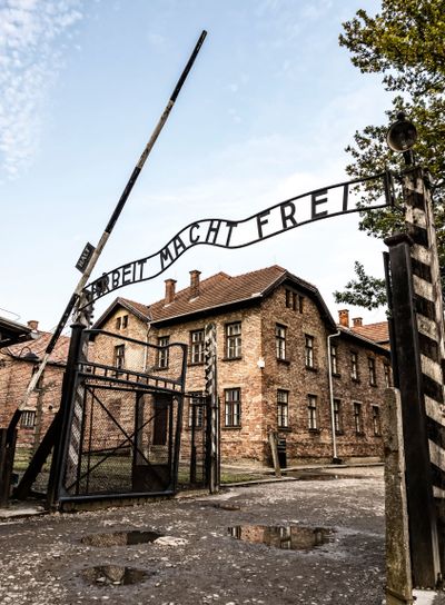 Arbeit macht frei sign in Auschwitz I concentration camp,...