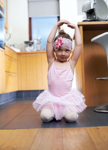 Girl, child and ballet in home for dance, choreography...