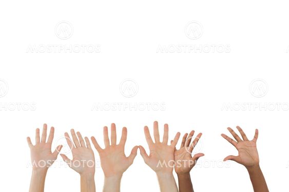 Three pairs of hands waving