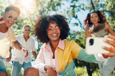 Hangout, happy or friends in park for selfie together...