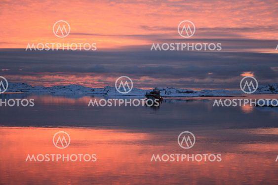 Search and rescue boat in winter sunset