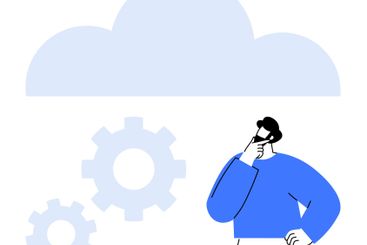 Man Contemplating Cloud Technology with Gear Icons...